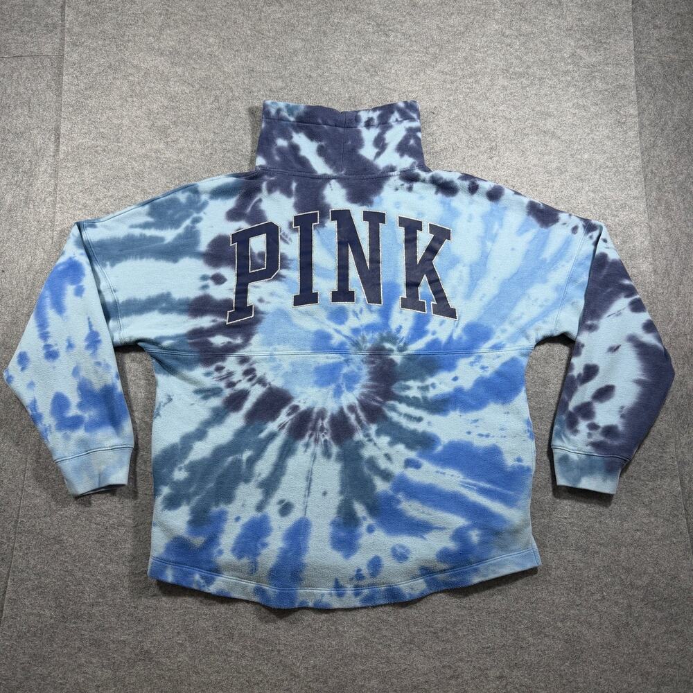 PINK Victorias Secret Sweatshirt Womens S Blue Tie Dye Mock Neck Drawstring Boxy